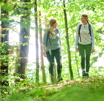 Zwei Frauen wandern durch einen hellgrünen Laubwald.