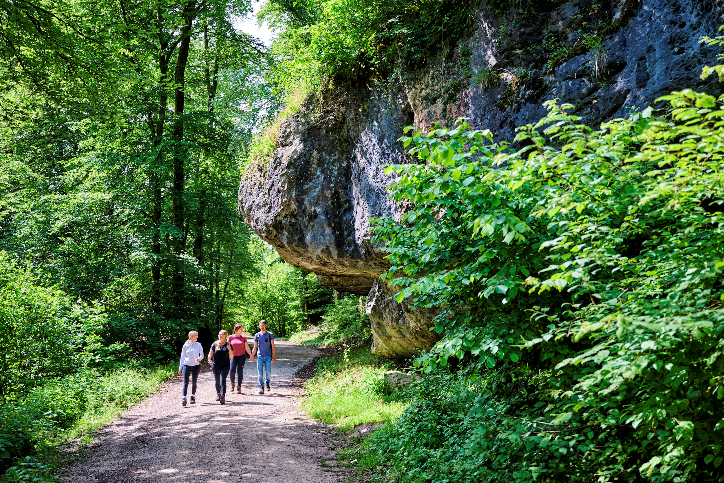 Eine Gruppe Wanderer läuft unterhalb einer großen Felswand.